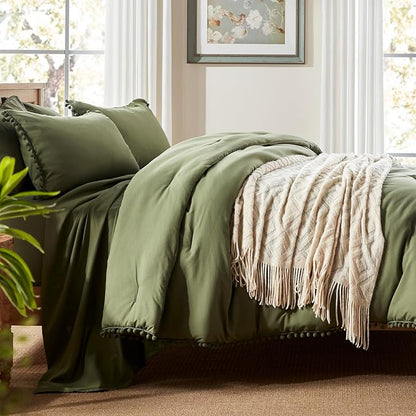 Anluoer King Comforter Set 7 Piece, Olive Green Bed in a Bag with Sheets, Pom Pom Boho Bedding Comforter Sets with 1 Comforter, 2 Pillow Shams, 2 Pillowcases, 1 Flat Sheet, 1 Fitted Sheet - LeafyLoom