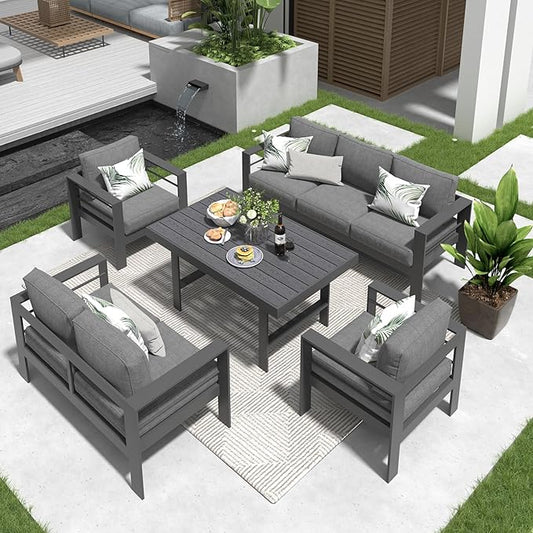 Solaste Aluminum Patio Furniture Set,5 Pieces Modern Outdoor Conversation Set Sectional Sofa with Upgrade Cushion and Dining Table, Grey - LeafyLoom