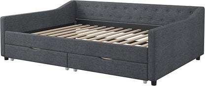 Full Size Daybed with 2 Drawers, Upholstered Tufted Sofa Bed with Button on Back and Piping on Waved Shape Arms for Bedroom, Apartment, Living Room, Wooden Slats Support, Dark Grey - LeafyLoom