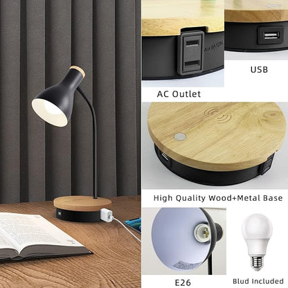 Metal Desk Lamp Wireless Charging Table Lamp Touch Reading Lights Arc Desk Lamps for Bedroom, 3 Way Dimmable Bedside Lamp with USB Charging Ports, Reading Lamp for Study Room and Office (Black-02) - LeafyLoom