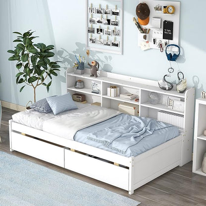 Twin Size Platform 2 Storage Drawers and Side Bookcase, Solid Wood Day Captain, Ideal Bed Frame for Bedroom, Living Room, White - LeafyLoom