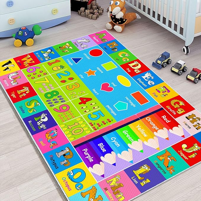 Kids Alphabet Play Game Rug - 2' 7" x 4' ABC Numbers and Shapes Educational Learning Toddler Carpet - Kids Room Playroom Classroom Kindergarten Activity Fun Soft Non-Slip Mat - LeafyLoom