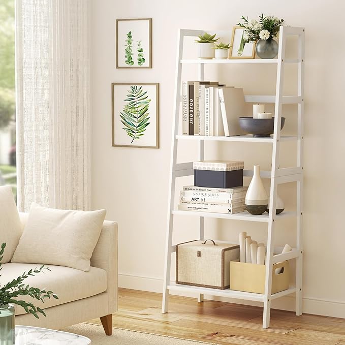 4-Tier Bamboo Bookshelf Ladder Shelf Book Shelf Bookcase Freestanding Storage Rack Plant Stand for Bedroom, Living Room, Bathroom, Small Space, Light white - LeafyLoom