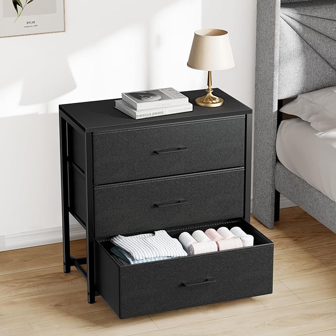 Nightstand with 3 Drawers for Bedroom, Storage Dresser with Fabric Drawers and Metal Frame for Closet, Living Room, Bedside Table with Wood Top, Easy Pull Handle, Black - LeafyLoom