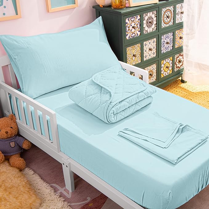 NTBAY Toddler Bedding Set - 4 Piece Soft and Breathable Crib Bedding Set for Boys and Girls, Includes Quilted Comforter, Fitted Sheet, Flat Top Sheet and Envelope Pillowcase, Aqua - LeafyLoom