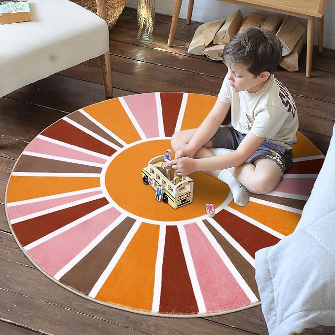 Topotdor Sun Rainbow Round Rug 4ft Boho Kids Nursery Rug, Colorful Washable Area Rug Ultra Soft Circle Classroom Rug Non-Slip for Bedroom Living Room Playroom Decor, Pink - LeafyLoom