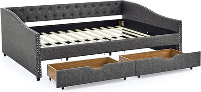 RITSU Queen Size Mid-Century Daybed, 2 Storage Drawers,Linen Button Upholstered Tufted Sofa Bed, Copper Nail on Waved Shape Arms, No Box Spring Needed,for Bedroom, Livingroom, Dark Grey, 84.50 - LeafyLoom