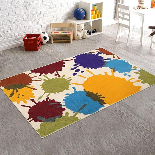 Colorful Kids Room Rug, 3'x5' Machine Washable Rug for Playroom, Paint Splatter Rainbow Area Rugs for Classroom, Soft Aesthetic Nursery Rug Throw Kids Play Mat for Bedroom Office Preschool - LeafyLoom