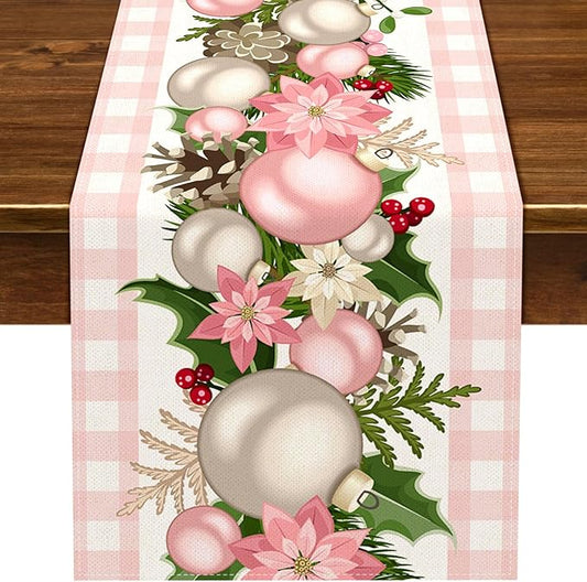 Nepnuser Pink Christmas Table Runner Pink and White Buffalo Check Plaid Xmas Decoration Seasonal Winter Holiday Home Kitchen Island Dining Room Decor Nepnuser