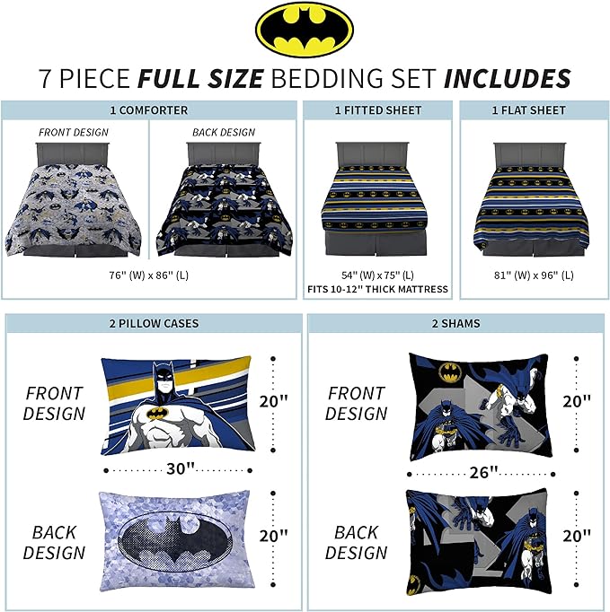 Franco Kids Bedding Super Soft Comforter and Sheet Set with Sham, 7 Piece Full Size, Batman - LeafyLoom