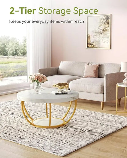 Round Coffee Table, 32" Circle Faux Marble Coffee Tables for Living Room, 2-Tier Golden Metal Legs Accent Center Table with Open Storage Modern Design Home Furniture (White and Gold) - LeafyLoom