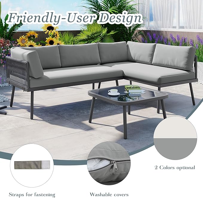 3-Piece Outdoor Patio Furniture PE Rattan Sofa Set, All Weather L-Shaped Sectional Couch with Removable Cushions and Glass Table, for Backyard Poolside Garden, Metal Frame, Onesize, Gray - LeafyLoom