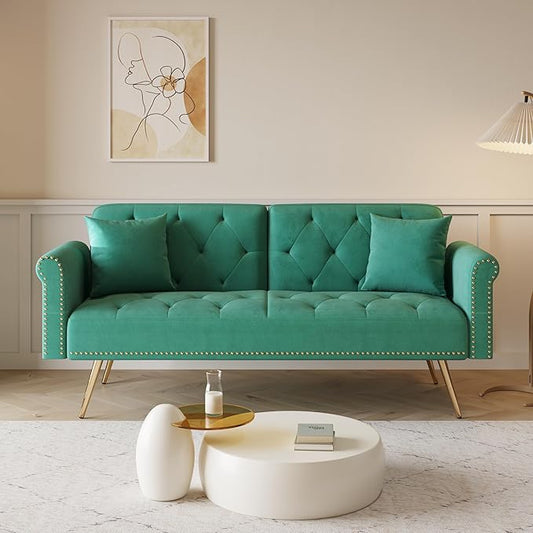 Button Tufted Upholstered Convertible Folding Sleeper Sofa Bed Futon Loveseat Couch Recliner Daybed with Adjustable and Nailhead Trim for Living Room, Bedroom, Green 69.7" - LeafyLoom