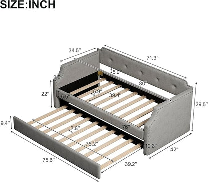 Twin Size Upholstered Daybed with Trundle, Sofa Bed Wood DayBed Frame, No Box Spring Needed, Gray - LeafyLoom