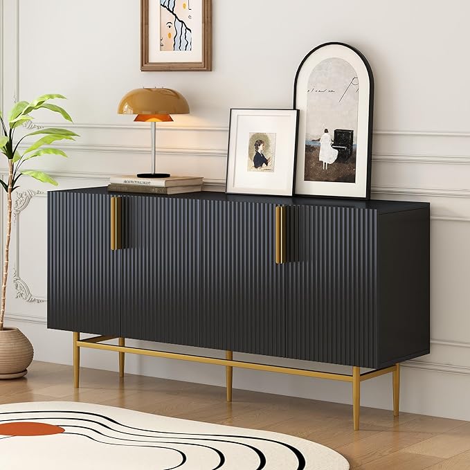 60" Modern 4-Door Elegant Sideboard with Gold Metal Handles and Legs,Storage Buffet Cabinet,W/Adjustable Shelves & Open Countertop,Console Table for Dining Living Room Hallway,Black - LeafyLoom