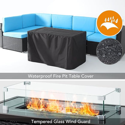 Pamapic 8 Pieces Patio Conversation Sets with fire Pit, Patio Furniture Sectional Sofa with Gas Fire Pit Table(Black Wicker,Blue Cushions) - LeafyLoom