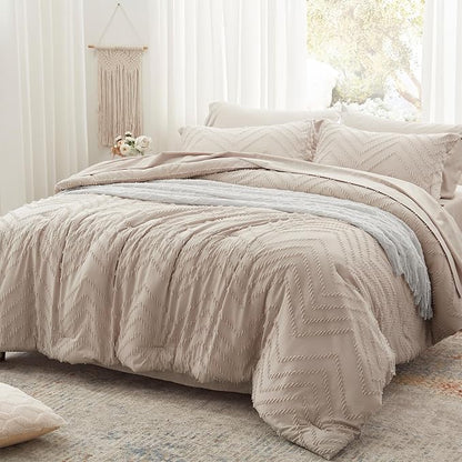 Anluoer Queen Comforter Set, khaki Tufted Bed in a Bag 7 Pieces with comforters and sheets, All Season Bedding Sets with 1 Comforter, 2 PillowShams, 2 Pillowcases, 1 Flat Sheet, 1 Fitted Sheet - LeafyLoom