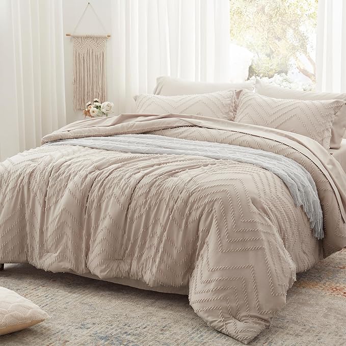 Anluoer Full Comforter Set, khaki Tufted Bed in a Bag 7 Pieces with comforters and sheets, All Season Bedding Sets with 1 Comforter, 2 PillowShams, 2 Pillowcases, 1 Flat Sheet, 1 Fitted Sheet - LeafyLoom