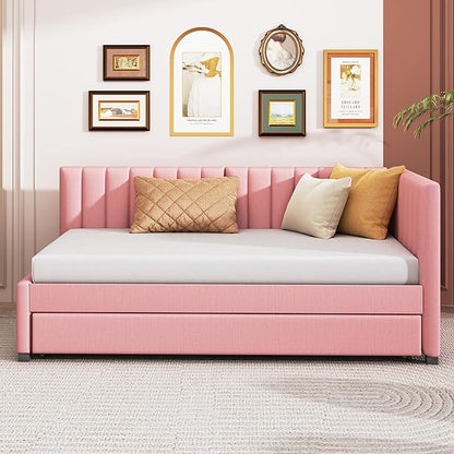 Twin Size Upholstered Linen Daybed with 2 Trundle,Semi-Closed Design,Solid Wood Bed Frame,W/Backrest and Slat Support,No Box Spring Needed,for Apartment Bedroom,Pink - LeafyLoom