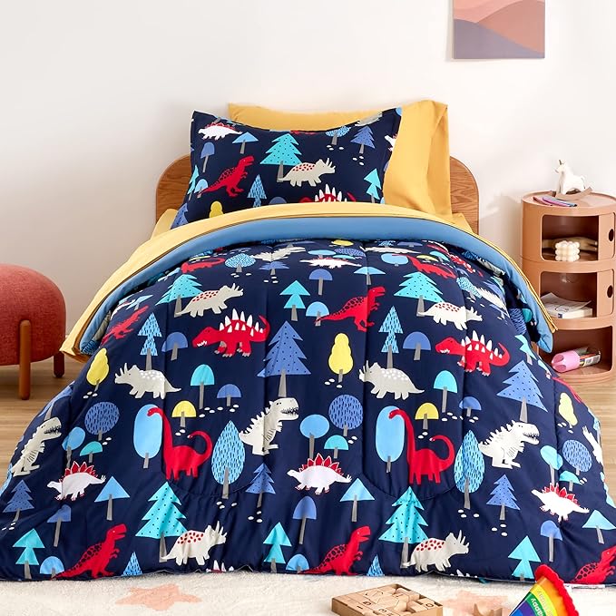 SLEEP ZONE Kids Twin Bedding Comforter Set - Super Cute & Soft Kids Bedding 5 Pieces Set with Comforter, Sheet, Pillowcase & Sham (Dinosaur Land) - LeafyLoom