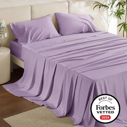 Bedsure Full Size Sheets, Cooling Sheets Full, Rayon Derived from Bamboo, Deep Pocket Up to 16", Breathable & Soft Bed Sheets, Hotel Luxury Silky Bedding Sheets & Pillowcases, Lilac - LeafyLoom