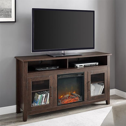 Walker Edison Glenwood Rustic Farmhouse Glass Door Highboy Fireplace TV Stand for TVs up to 65 Inches, 58 Inch, Brown - LeafyLoom