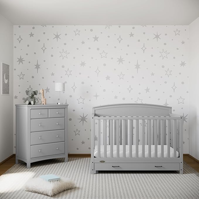 Graco Benton 5-in-1 Convertible Crib with Drawer (Pebble Gray) -Converts from Baby Crib to Toddler Bed, Daybed and Full-Size Bed,Fits Standard Full-Size Crib Mattress, Adjustable Mattress Support Base - LeafyLoom