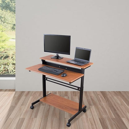 Stand Up Desk Store Rolling Adjustable Height Two Tier Standing Desk Computer Workstation (Black Frame/Teak Top, 40" Wide) - LeafyLoom