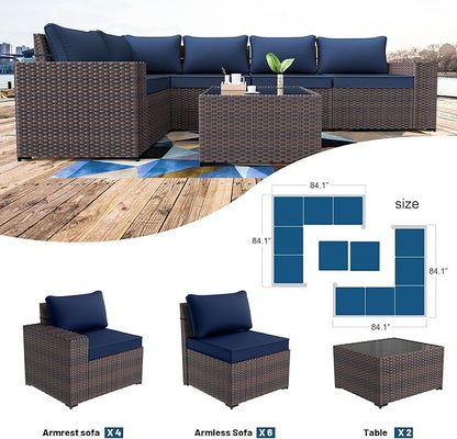 Kullavik 13PCS Outdoor Patio Furniture Set with 43" 55000BTU Gas Propane Fire Pit Table PE Wicker Rattan Sectional Sofa Patio Conversation Sets,Navy blue - LeafyLoom