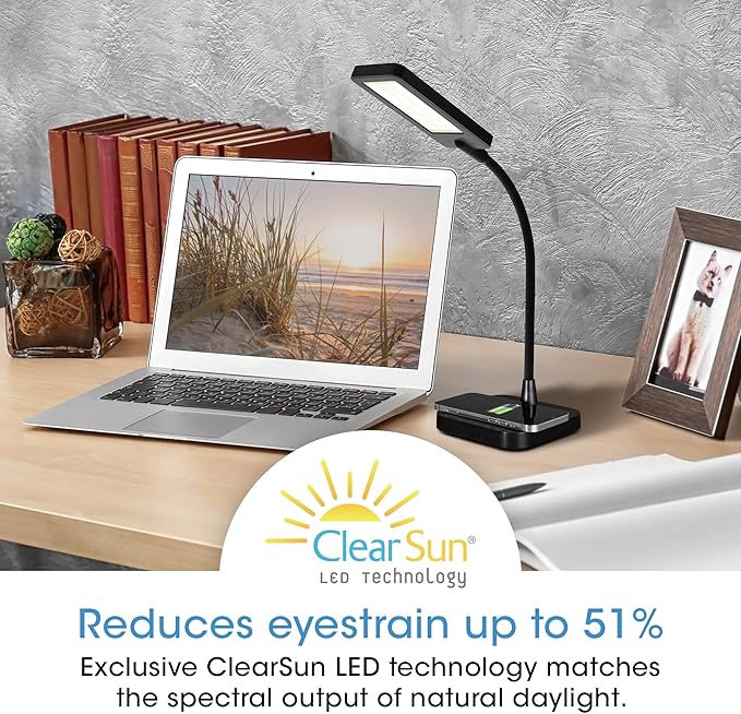 OttLite ClearSun LED Desk Lamp with Wireless Charging - 3 Color Temperature Modes, Flexible Gooseneck - Task Lamp for Home, Reading, Office & College Dorms - LeafyLoom