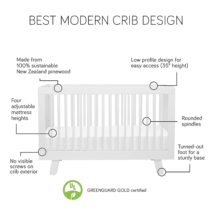 Babyletto Hudson 3-in-1 Convertible Crib with Toddler Bed Conversion Kit in White, Greenguard Gold Certified , 53.75x29.75x35 Inch (Pack of 1) - LeafyLoom