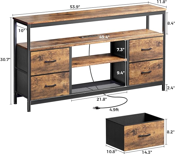 TV Stand Dresser with Power Outlets and LED Lights, 4 Drawers Entertainment Center with Shelves, 54 Inch Media Console for 55 60 Inch TV, 4 AC Outlets, 2 USBs, Rustic Brown - LeafyLoom