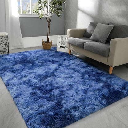 4x6 Large Area Rugs for Living Room, Super Soft Fluffy Modern Bedroom Rug, Tie-Dyed Navy Blue Indoor Shag Fuzzy Carpets for Girls Kids Nursery Room Home Decor - LeafyLoom