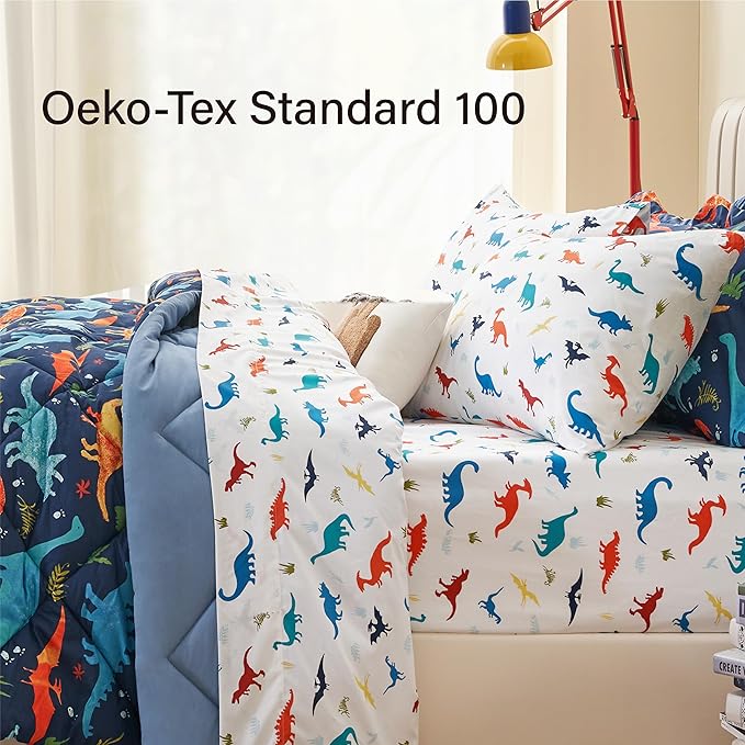 Kids Queen Dinosaur Bedding Comforter Set for Boys, 7 Pieces Queen Size Dinosaur Kids Bedding Set, Super Soft Lightweight Microfiber Comforter Set with Sheets for All Seasons - LeafyLoom