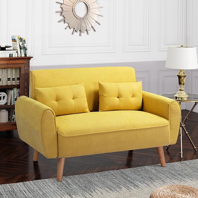 Shintenchi 47" Small Modern Loveseat Couch Sofa, Fabric Upholstered 2-Seat Sofa, Love Seat Furniture with 2 Pillows, Wood Leg for Small Space, Living Room, Bedroom, Apartment, Yellow - LeafyLoom