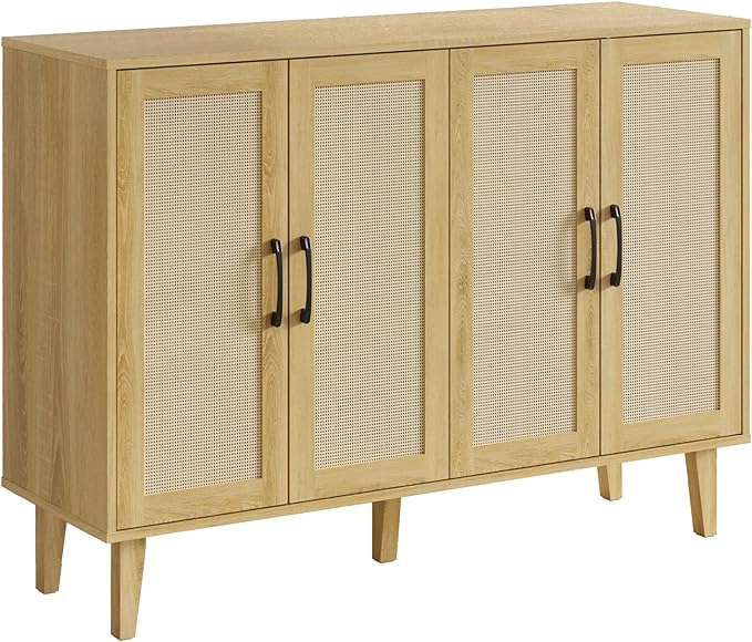 Storage Cabinet with Rattan Trim - 4 Door Sideboard Buffet Cabinet with Storage, Accent Cabinet with Shelves for Bathroom, Coffee Bar, Kitchen, Living Room, Hallway (natural wood) - LeafyLoom