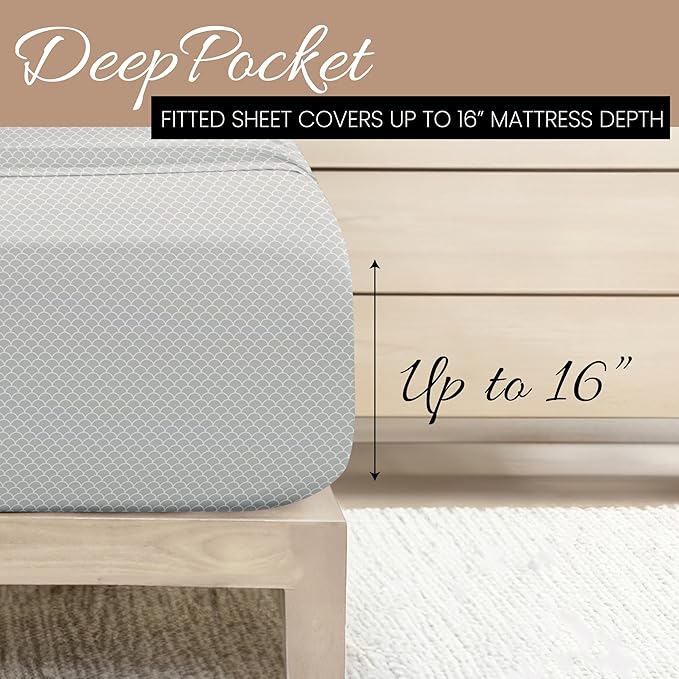 Linen Market 4 Piece Queen Bedding Sheet Set (Gray Scallops) - Sleep Better Than Ever with These Ultra-Soft & Cooling Bed Sheets for Your Queen Size Bed - Deep Pocket Fits 16" Mattress - LeafyLoom