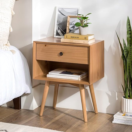 Walker Edison Mid Century Modern 1 Nightstand Bedroom Storage Drawer and Shelf Bedside End Table, 24 Inch, Natural Pine - LeafyLoom