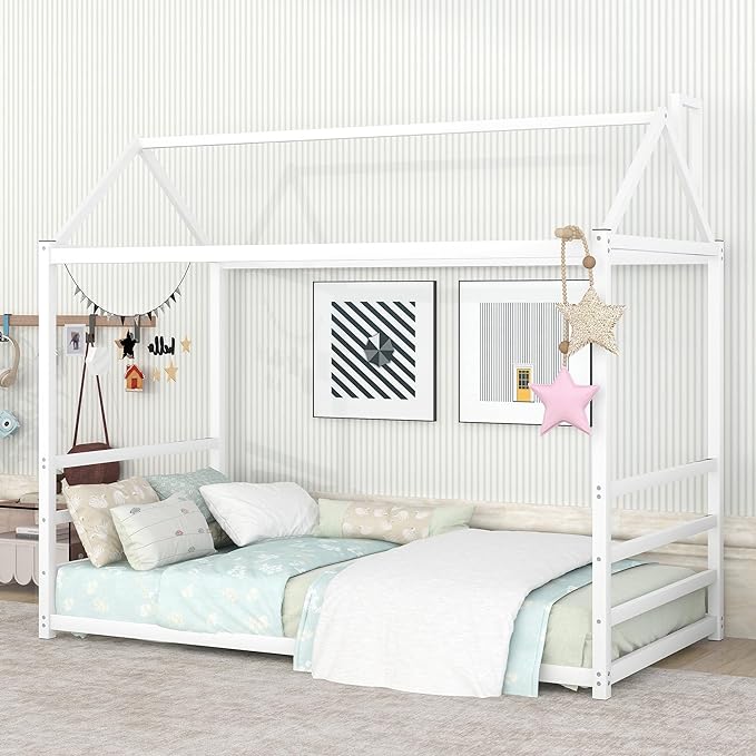 Bellemave Twin Size Montessori Floor Bed for Kids,Floor Bed with Roof, House Bed for Boys Girls,Metal House Shape Platform Bed Twin,White - LeafyLoom