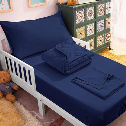 NTBAY Toddler Bedding Set - 4 Piece Soft and Breathable Crib Bedding Set for Boys and Girls, Includes Quilted Comforter, Fitted Sheet, Flat Top Sheet and Envelope Pillowcase, Navy Blue - LeafyLoom