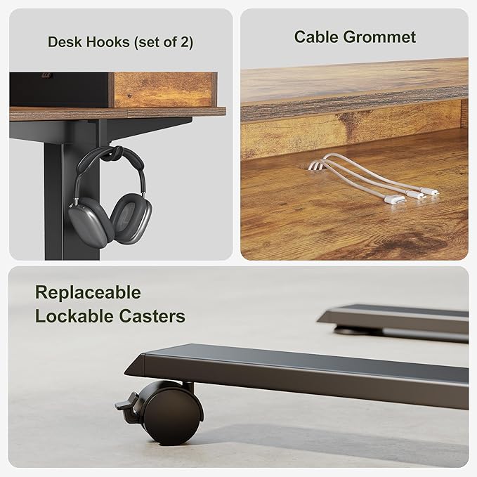 BANTI Height Adjustable Electric Standing Desk with 4 Drawers, 55 x 24 Inch Table with Storage Shelf, Sit Stand Desk, Rustic Brown Top - LeafyLoom