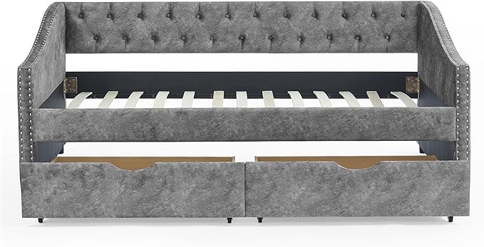 Twin Size Upholstered Daybed with Two Storage Trundle Drawers, Wooden Sofa Bed w/Button Tufted Backrest and Waved Shape Arms, No Box Spring Needed, for Living Room, Bedroom, Dorm, Grey - LeafyLoom