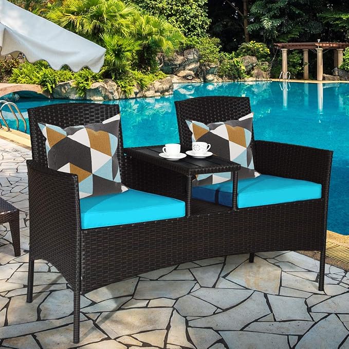 LUARANE Outdoor Rattan Sofas, Contract Patio Conversation Set Wicker Sofa Set with Built-in Coffee Table, Patio Furniture Set with Cushions, Rattan Loveseat for Lawn Backyard Garden (Brown+Blue) - LeafyLoom