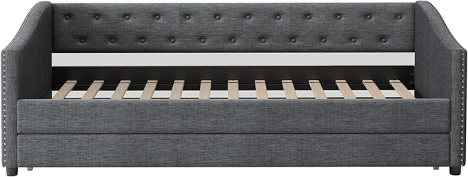 Twin Size Upholstered Daybed with Twin Size Trundle,Wood Sofa Bed Frame W/Button Tufted Back and Nailhead Decorated Waved Shape Arms,Slat Support,for Bedroom,Living Room,Apartment,Dark Gray - LeafyLoom