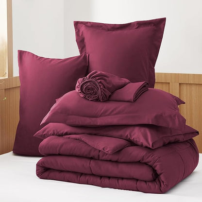 Bedsure Burgundy Twin Comforter Set - 5 Pieces Solid Twin Bed in a Bag, Twin Bed Set Burgundy with Comforters, Sheets, Pillowcase & Sham - LeafyLoom