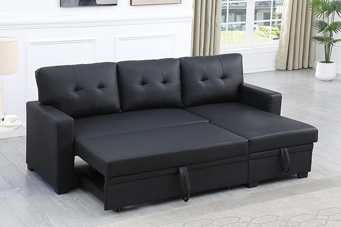 RITSU L-Shaped Sectional Upholstered Sofa Bed with Storage Chaise, Faux Leather Pull Out Corner Couch, Tufted Cushions, for Office, Living Room, Apartment, Black, 82 inch - LeafyLoom