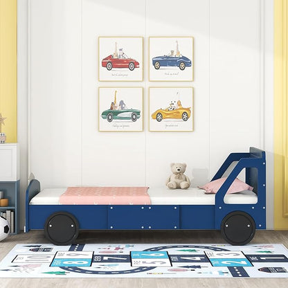 Twin Size Car-Shaped Bed Frame for Kids,Wooden Platform Bed with Wheels and Side Rails for for Boys Girls,Wood Slat Supports,No Box Spring Needed,Blue - LeafyLoom