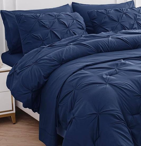 Lane Linen King Size Comforter Set, 7 Piece Bedding King Size, Pintuck King Bed in a Bag Set, Soft King Size Bed Set, Pinch Pleated King Size Comforter Set with Sheets, Pillowcases & Shams - Navy Blue - LeafyLoom