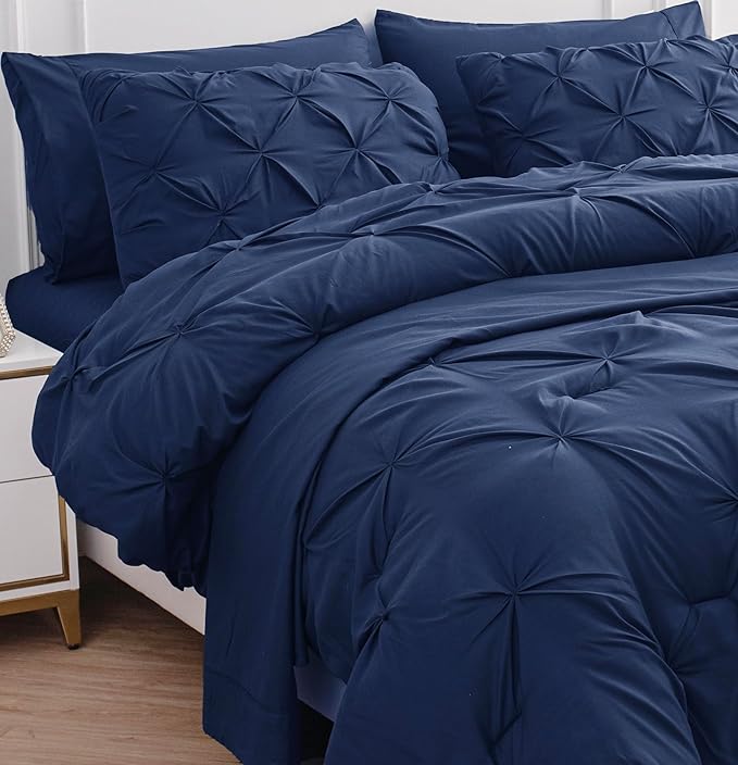 LANE LINEN Twin Comforter Set, 5 Piece Twin Bedding Sets for Boys, Pintuck Twin Size Bed Set, Pinch Pleated Twin Bed in a Bag Set, Twin Bed Comforter Set with Sheets, Pillowcase & Sham - Navy Blue - LeafyLoom