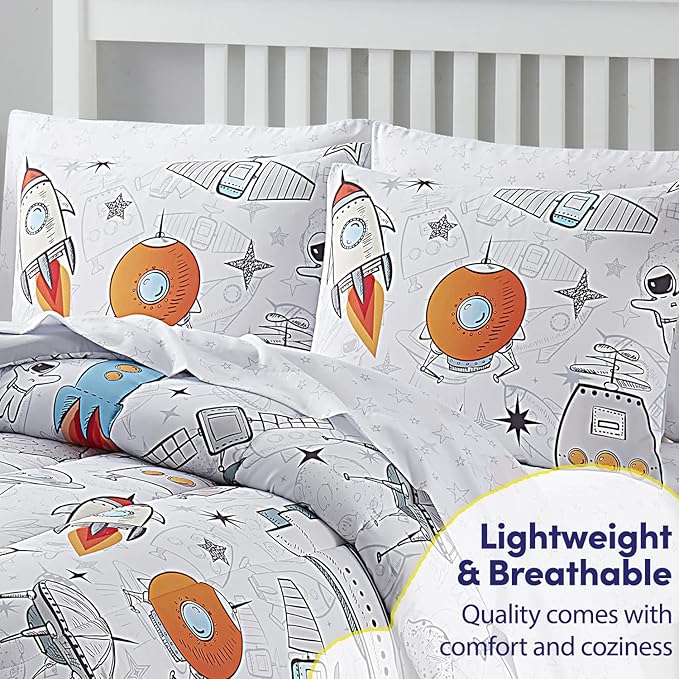 Kids Bedding Set Bed in a Bag for Boys and Girls Toddlers Printed Sheet Set and Comforter, Full, Floating in Space (Pack of 4) - LeafyLoom